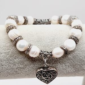 Freshwater Pearls Silver Tone Heart Beads Stretch Bracelet - 7 1/2"